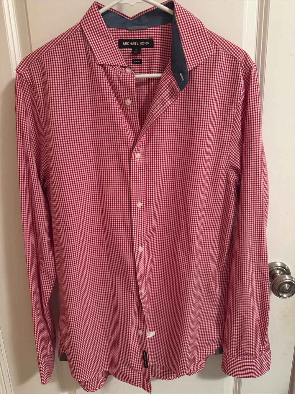 Michael Kors Men’s Red and White Gingham Button-Down Shirt, Men’s M slim fit